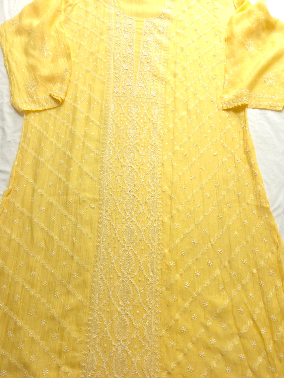 Light Yellow Mul chanderi Semistitched Kurta and dupatta set with Hand work