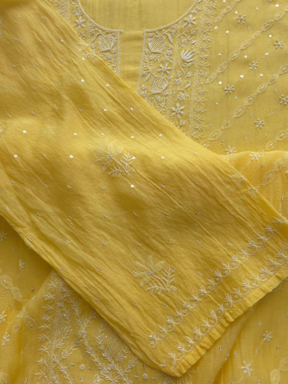 Light Yellow Mul chanderi Semistitched Kurta and dupatta set with Hand work