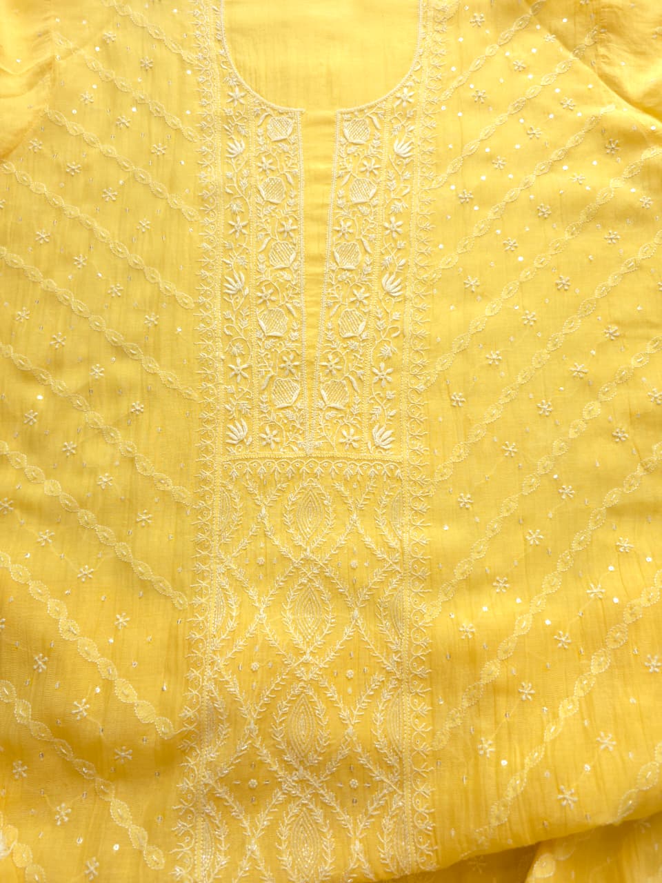Light Yellow Mul chanderi Semistitched Kurta and dupatta set with Hand work