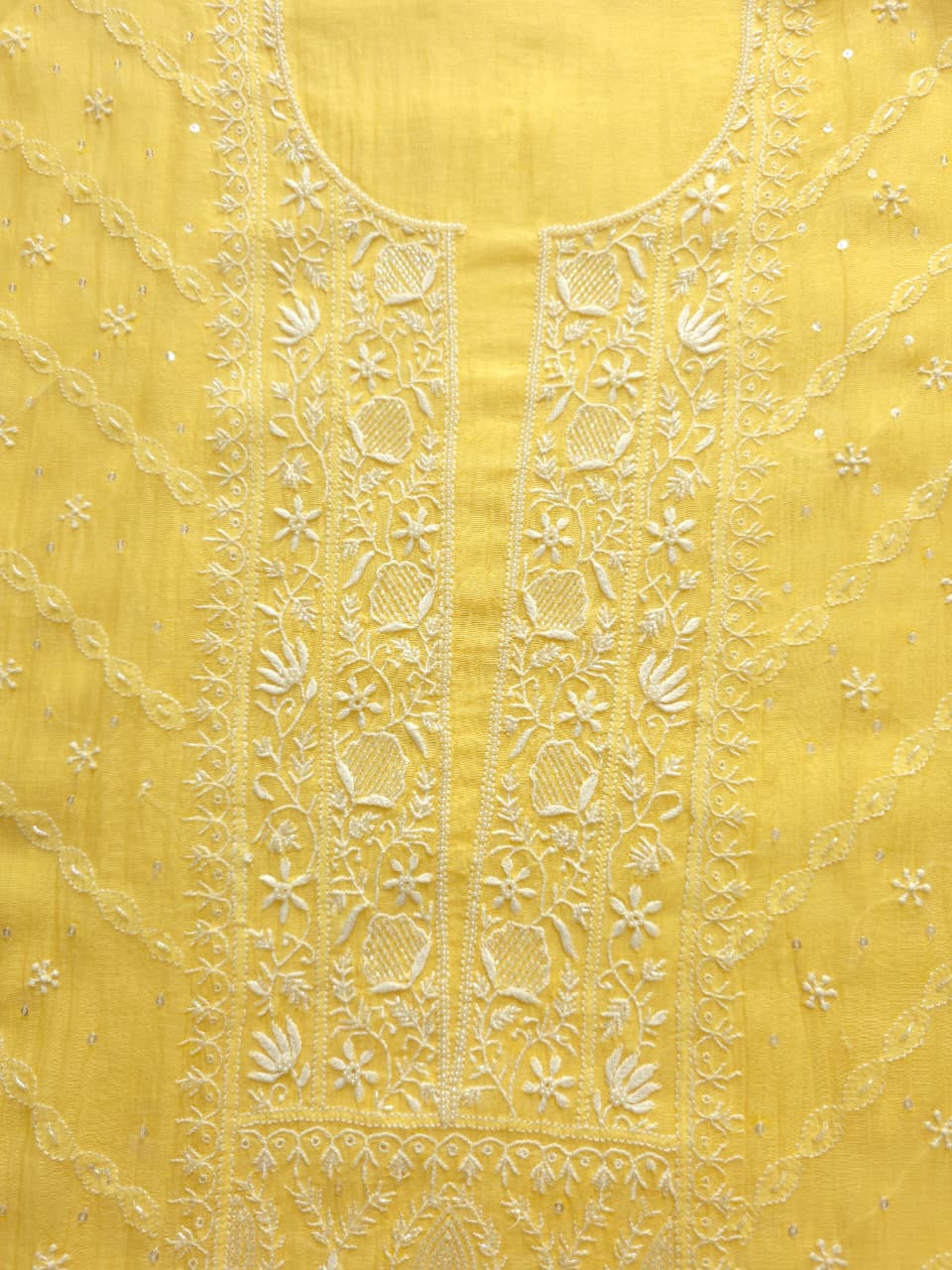 Light Yellow Mul chanderi Semistitched Kurta and dupatta set with Hand work