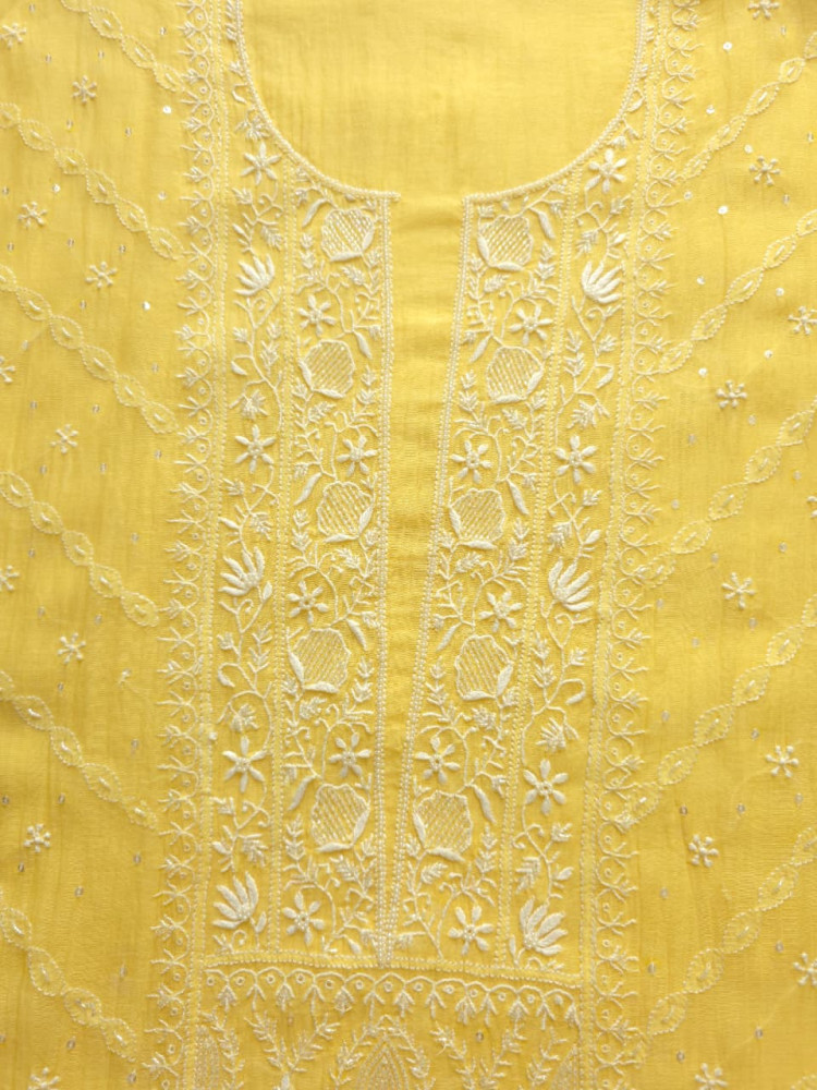 Image of Light Yellow Mul chanderi Semistitched Kurta and dupatta set with Hand work