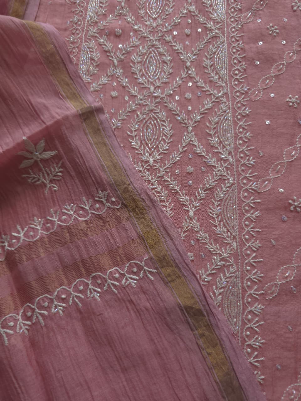 Rose Pink Mul chanderi Semistitched kurta and dupatta Set with Hand Embroidery