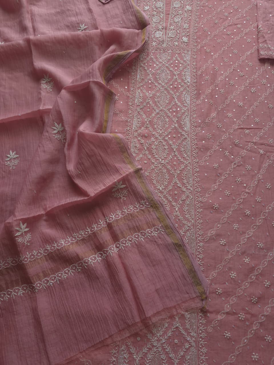 Rose Pink Mul chanderi Semistitched  kurta and dupatta Set with Hand Embroidery