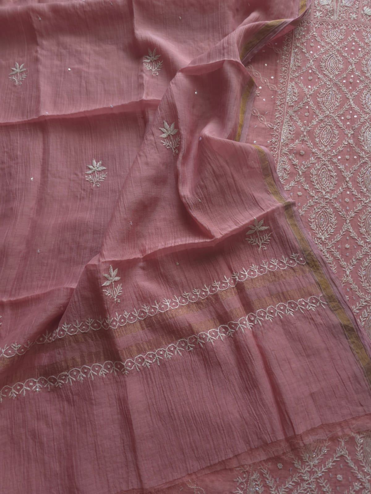 Rose Pink Mul chanderi Semistitched  kurta and dupatta Set with Hand Embroidery