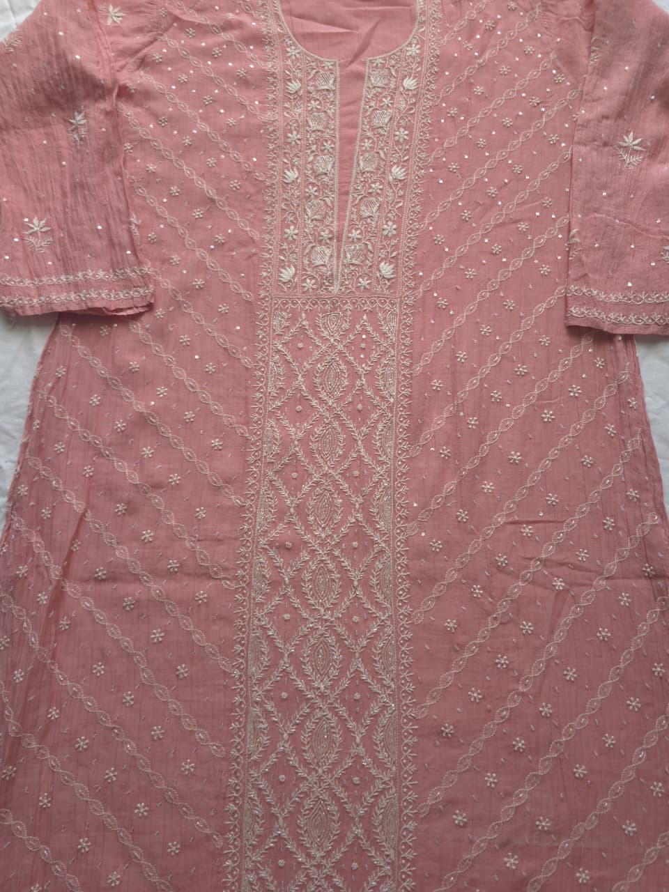 Rose Pink Mul chanderi Semistitched  kurta and dupatta Set with Hand Embroidery