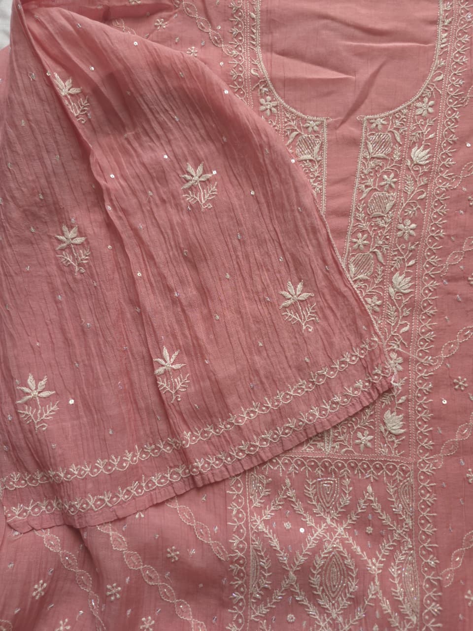 Rose Pink Mul chanderi Semistitched kurta and dupatta Set with Hand Embroidery