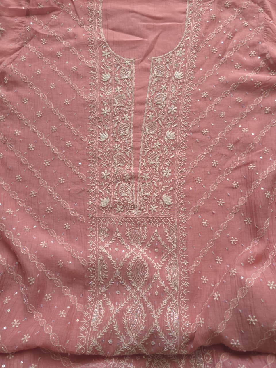 Rose Pink Mul chanderi Semistitched kurta and dupatta Set with Hand Embroidery