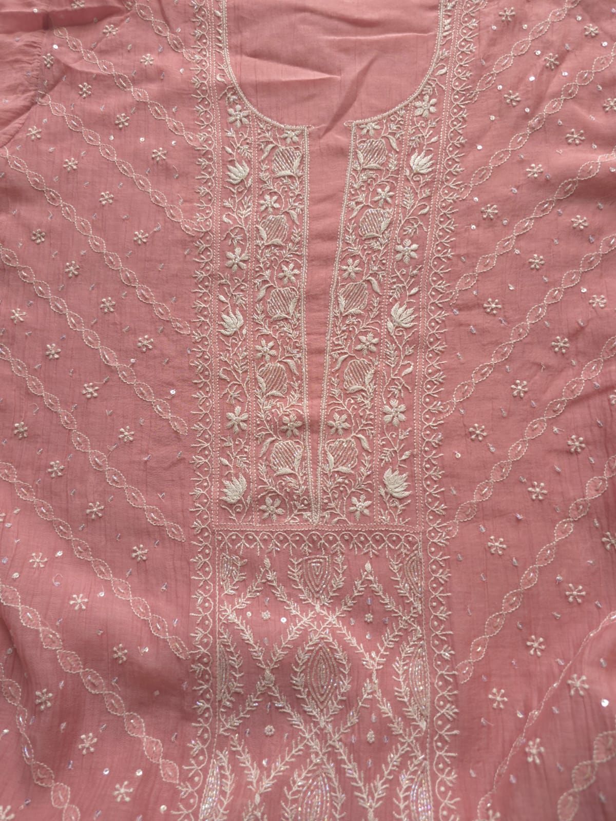 Rose Pink Mul chanderi Semistitched  kurta and dupatta Set with Hand Embroidery