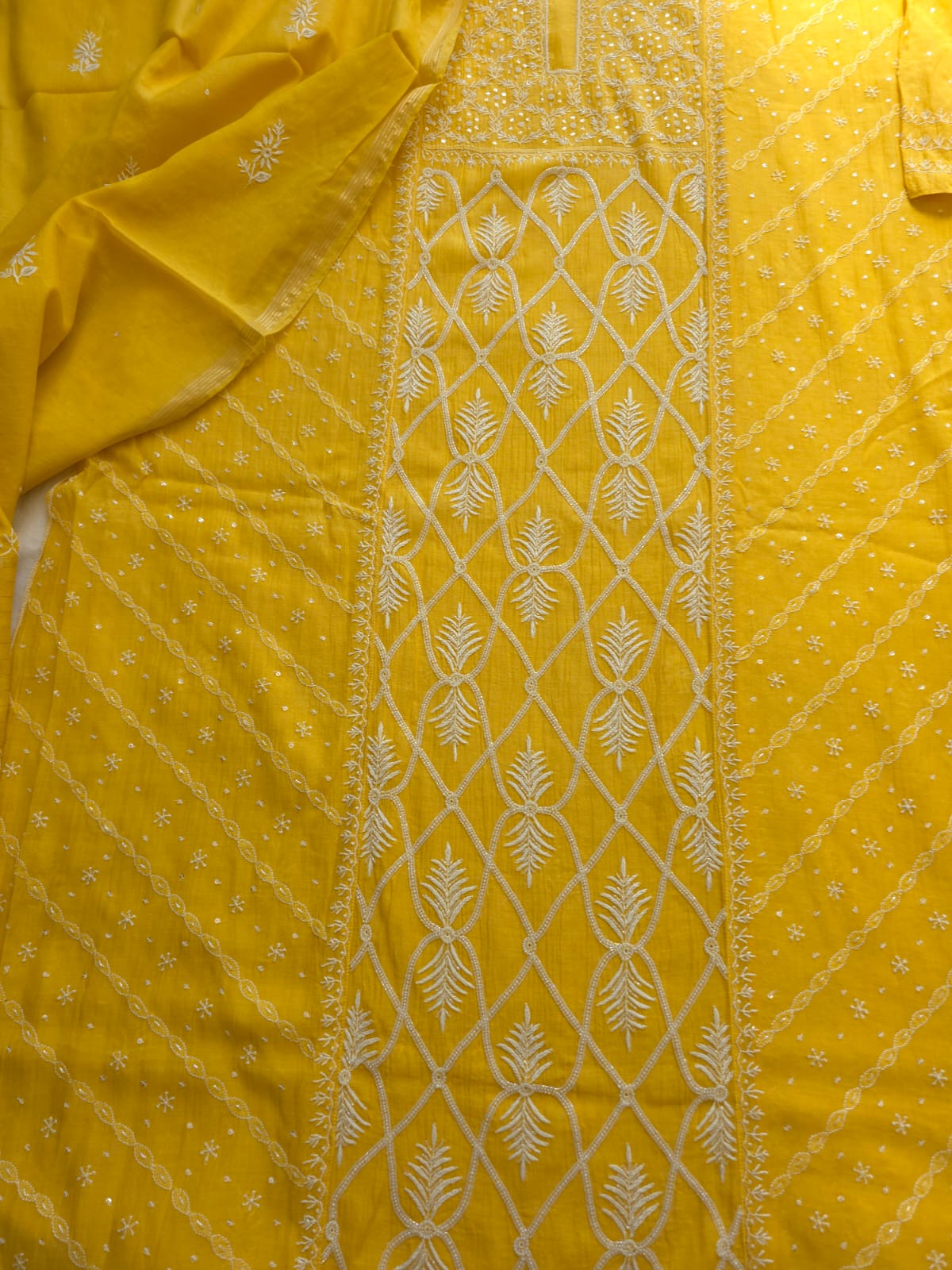 Mango Yellow Mul chanderi Kurta dupatta with chikankari heavy embellishment