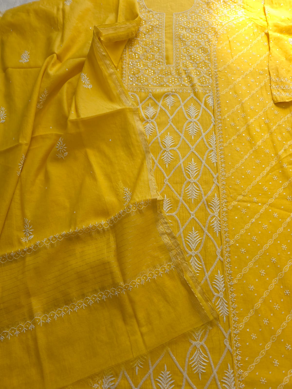 Mango Yellow Mul chanderi Kurta dupatta with chikankari heavy embellishment