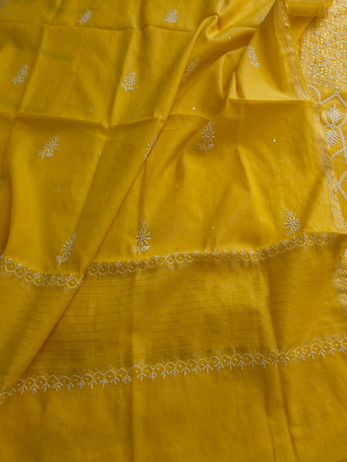 Mango Yellow Mul chanderi Kurta dupatta with chikankari heavy embellishment
