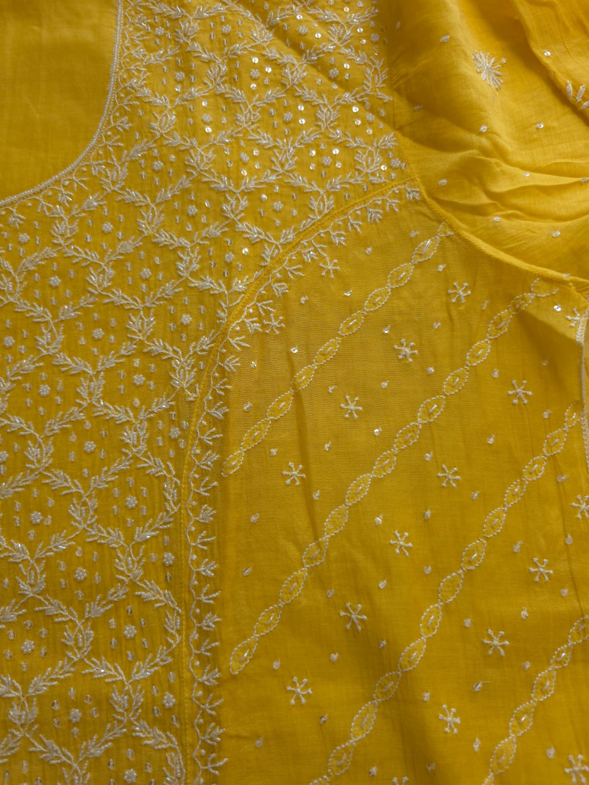 Mango Yellow Mul chanderi Kurta dupatta with chikankari heavy embellishment