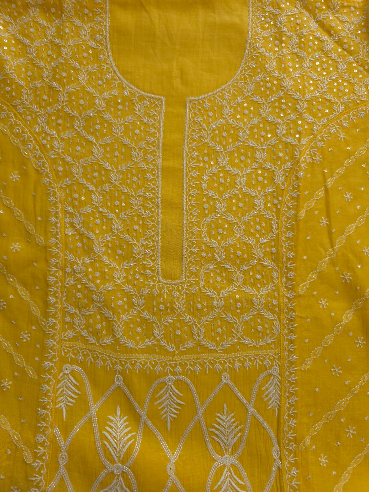 Mango Yellow Mul chanderi Kurta dupatta with chikankari heavy embellishment