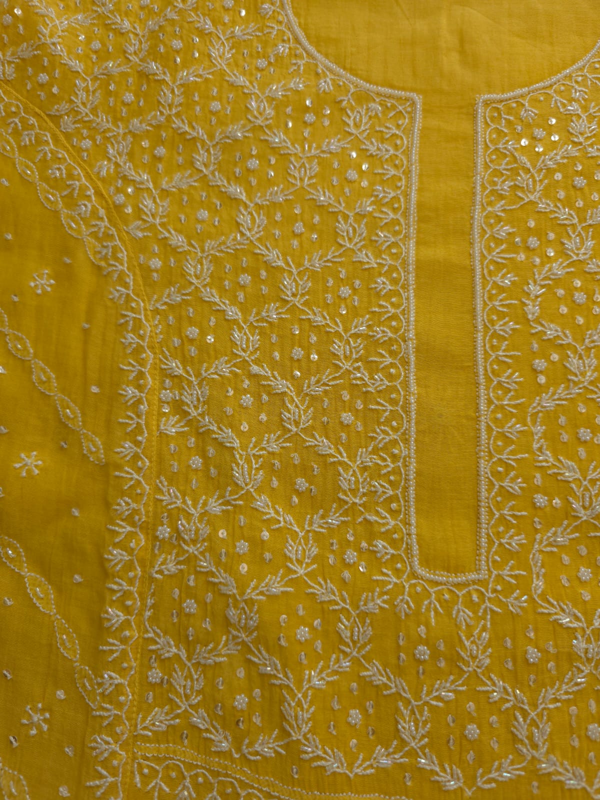 Mango Yellow Mul chanderi Kurta dupatta with chikankari heavy embellishment