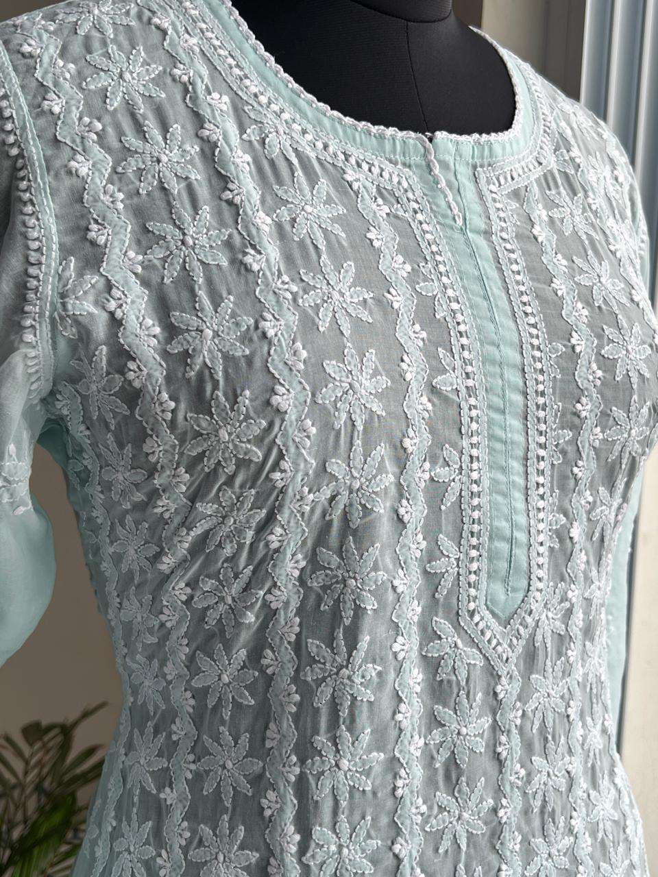 Pastel Sea Green Kurti with beautiful chikankari work