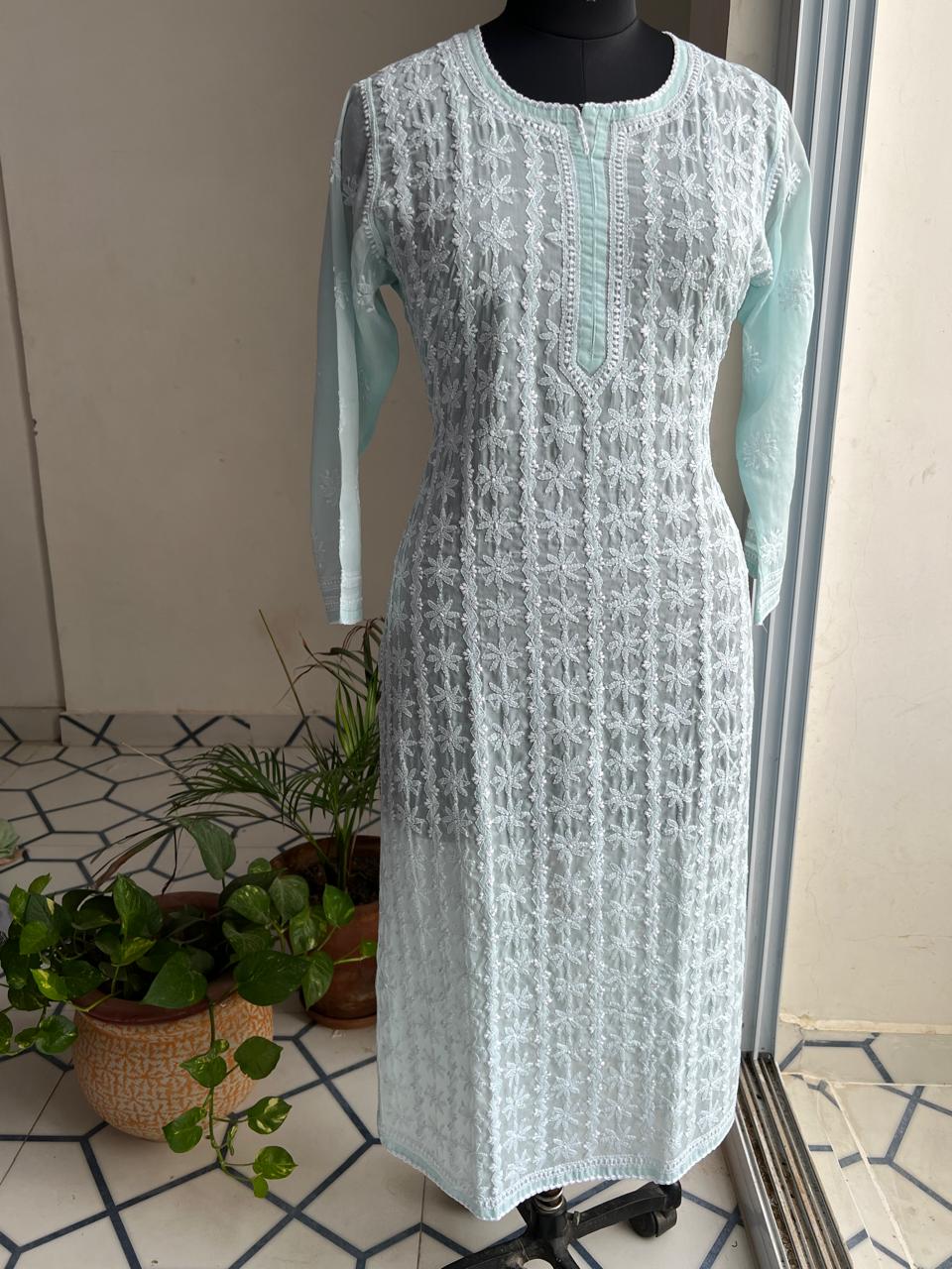 Pastel Sea Green Kurti with beautiful chikankari work