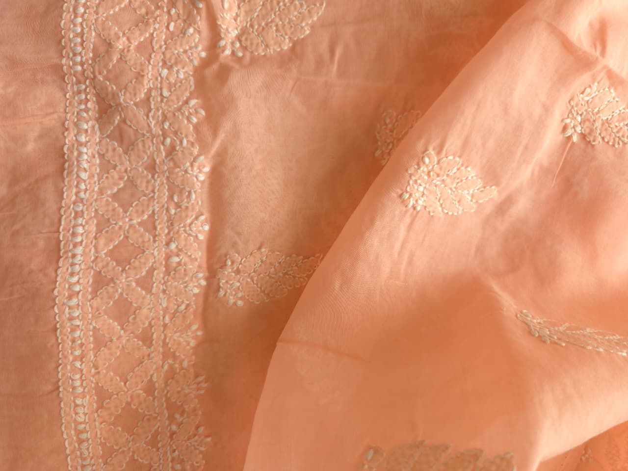 Peach Cotton voil kurta fabric with chikankari jaal and Jaaliwork