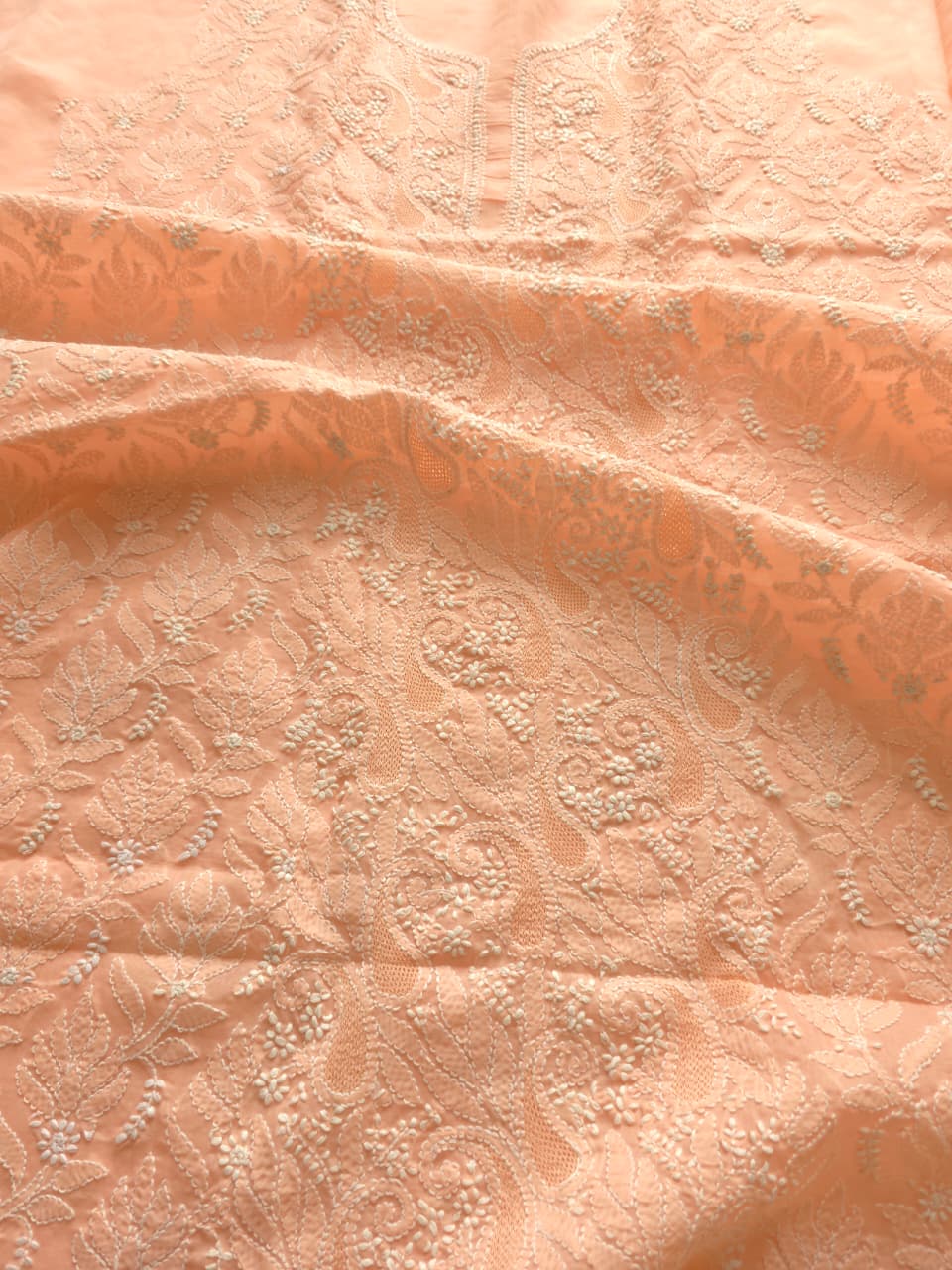 Peach Cotton voil kurta fabric with chikankari jaal and Jaaliwork