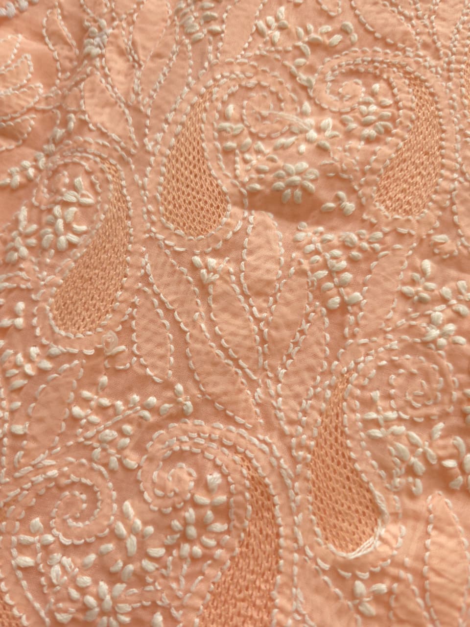 Peach Cotton voil kurta fabric with chikankari jaal and Jaaliwork