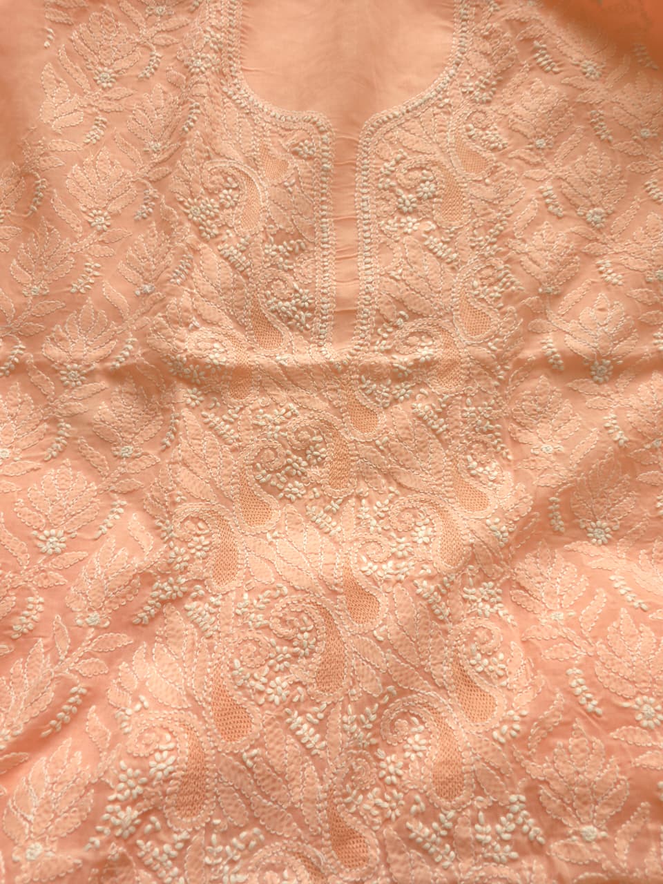 Peach Cotton voil kurta fabric with chikankari jaal and Jaaliwork