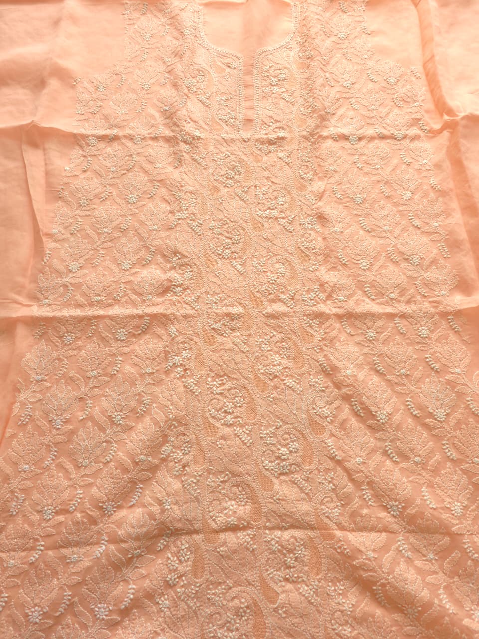 Peach Cotton voil kurta fabric with chikankari jaal and Jaaliwork
