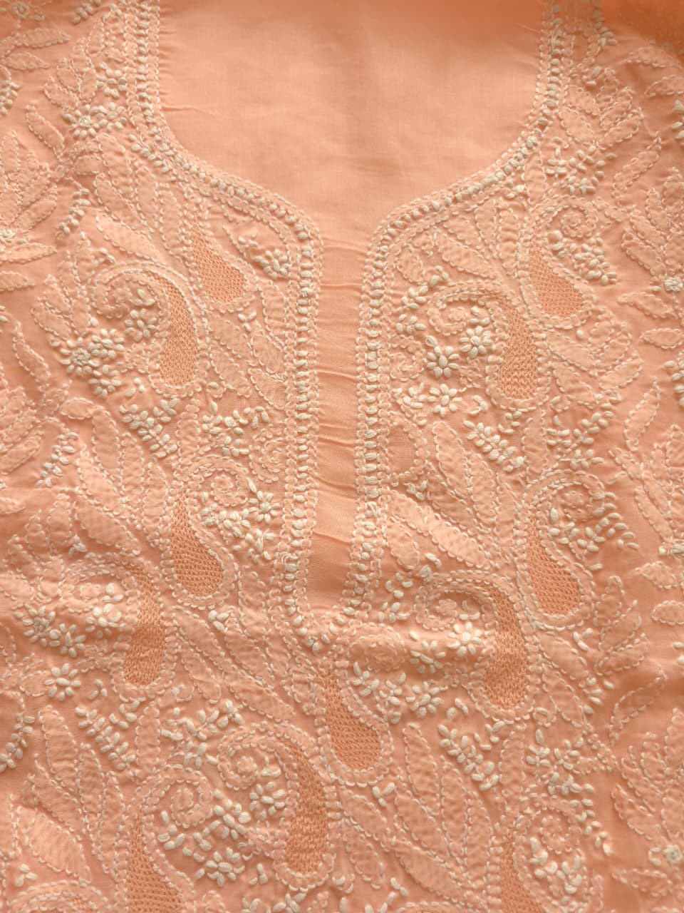 Peach Cotton voil kurta fabric with chikankari jaal and Jaaliwork