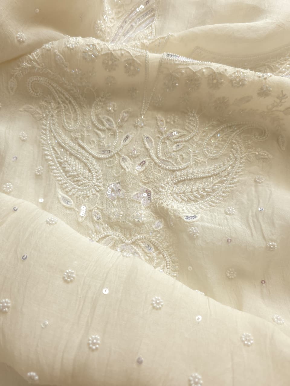 Pearl White Mul chanderi semistitched Kurta and Dupatta set