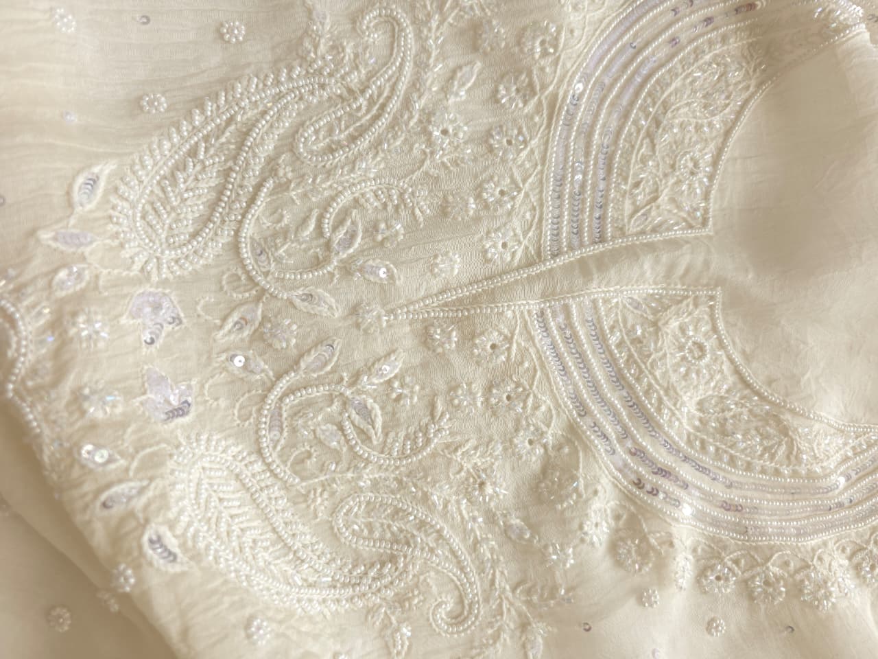 Pearl White Mul chanderi semistitched Kurta and Dupatta set