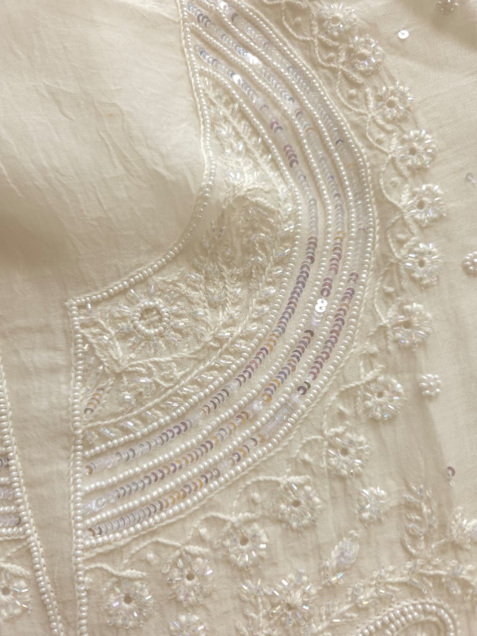 Pearl White Mul chanderi semistitched Kurta and Dupatta set