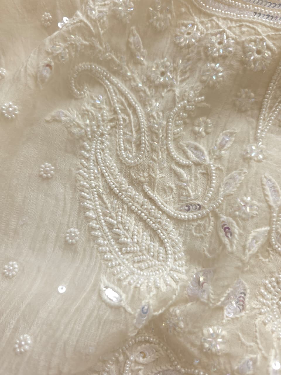 Pearl White Mul chanderi semistitched Kurta and Dupatta set