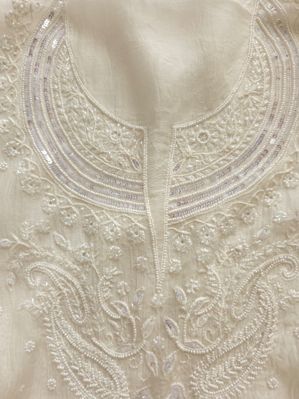 Pearl White Mul chanderi semistitched Kurta and Dupatta set