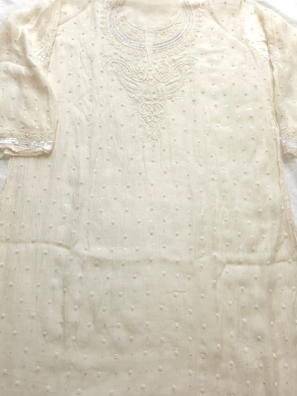 Pearl White Mul chanderi semistitched Kurta and Dupatta set