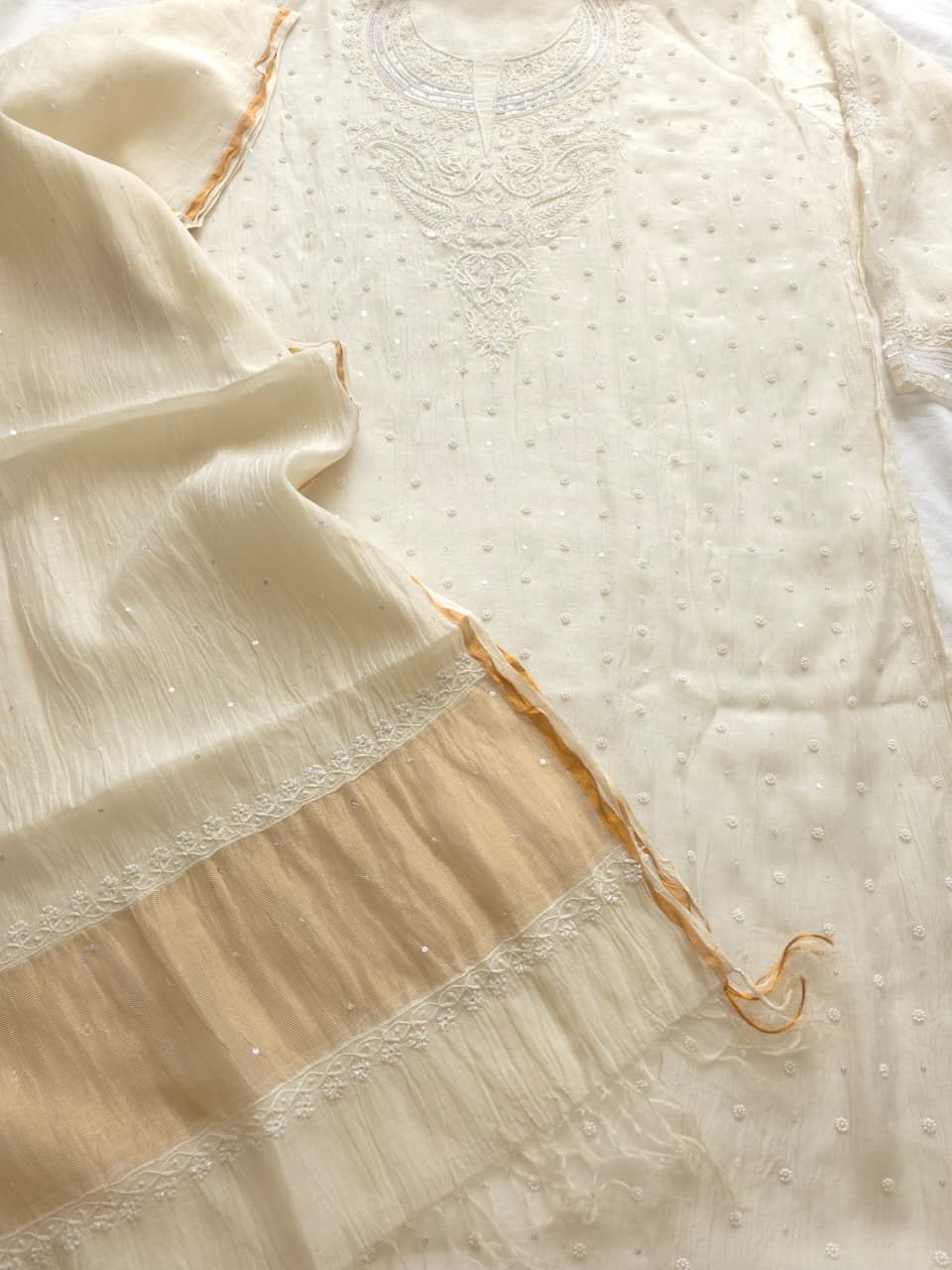 Pearl White Mul chanderi semistitched Kurta and Dupatta set