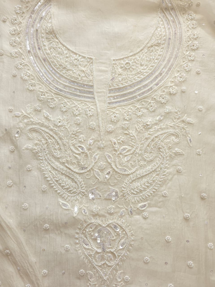 Image of Pearl White Mul chanderi semistitched Kurta and Dupatta set