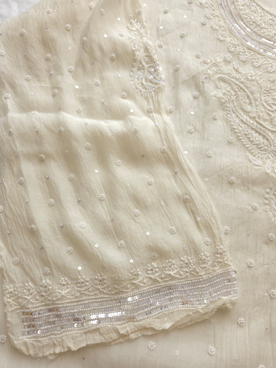 Pearl White Mul chanderi semistitched Kurta and Dupatta set