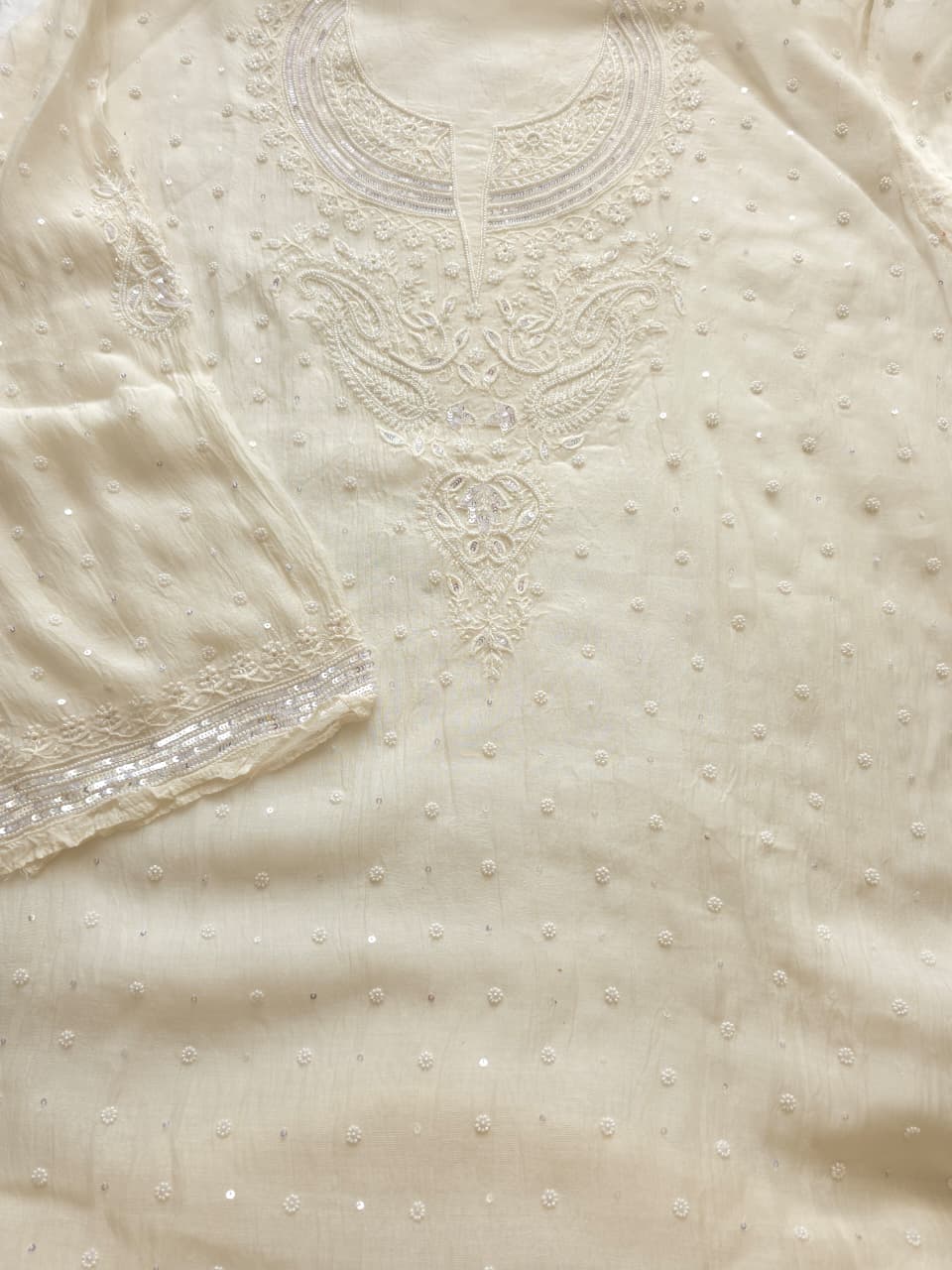 Pearl White Mul chanderi semistitched Kurta and Dupatta set