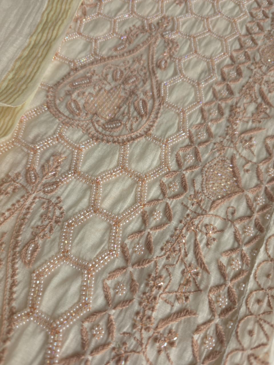 White base Semistitched kurta dupatta with fine hazelnut chikankari and heavy embellishments