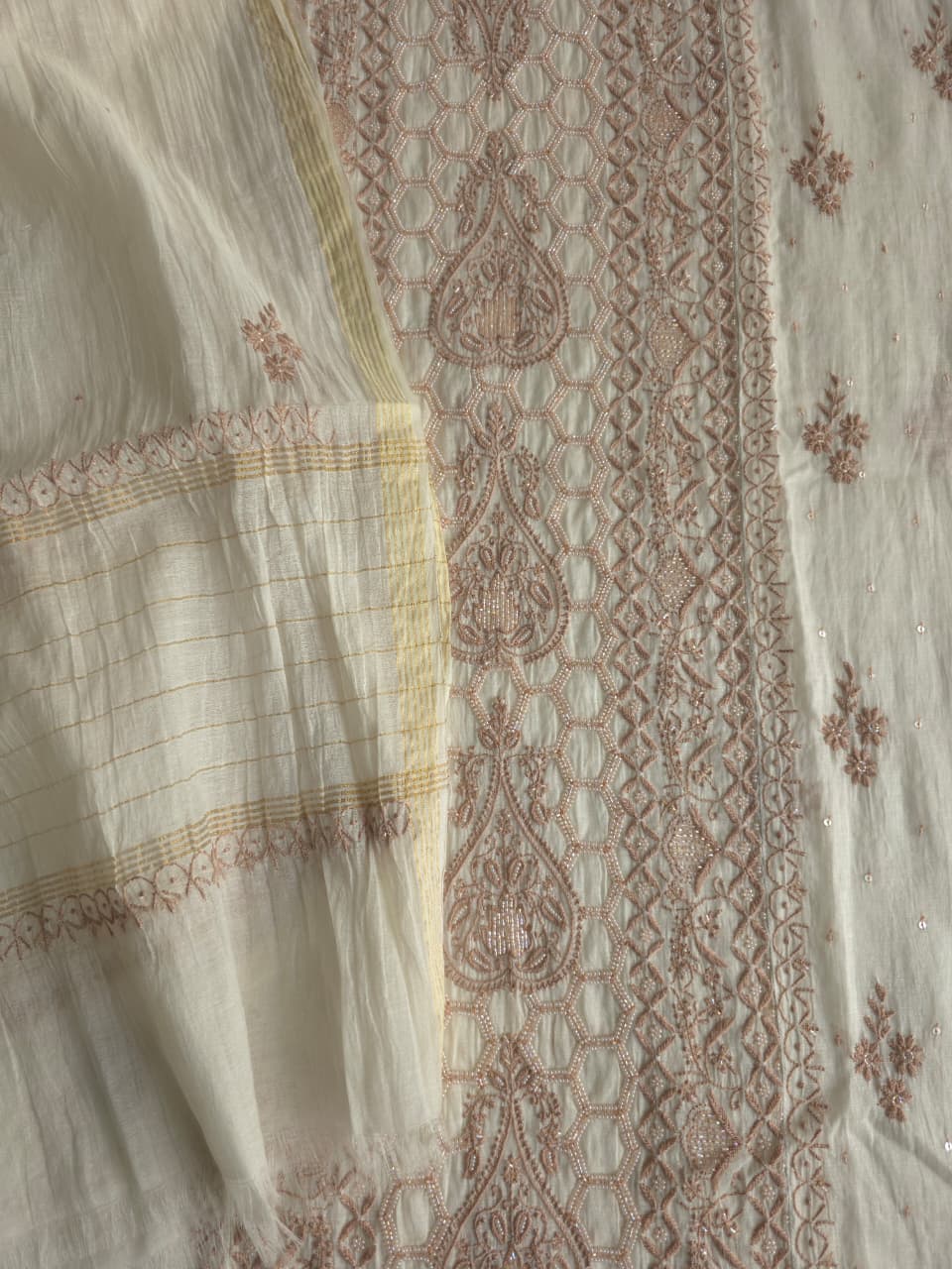 White base Semistitched kurta dupatta with fine hazelnut chikankari and heavy embellishments
