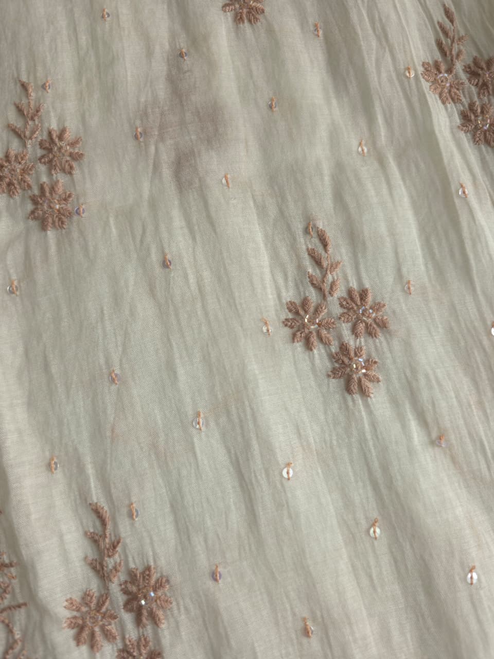 White base Semistitched kurta dupatta with fine hazelnut chikankari and heavy embellishments