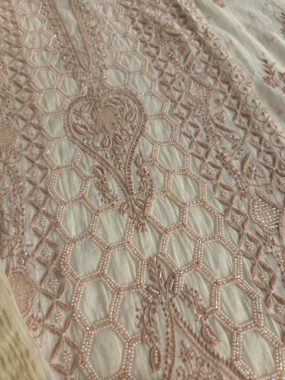 White base Semistitched kurta dupatta with fine hazelnut chikankari and heavy embellishments