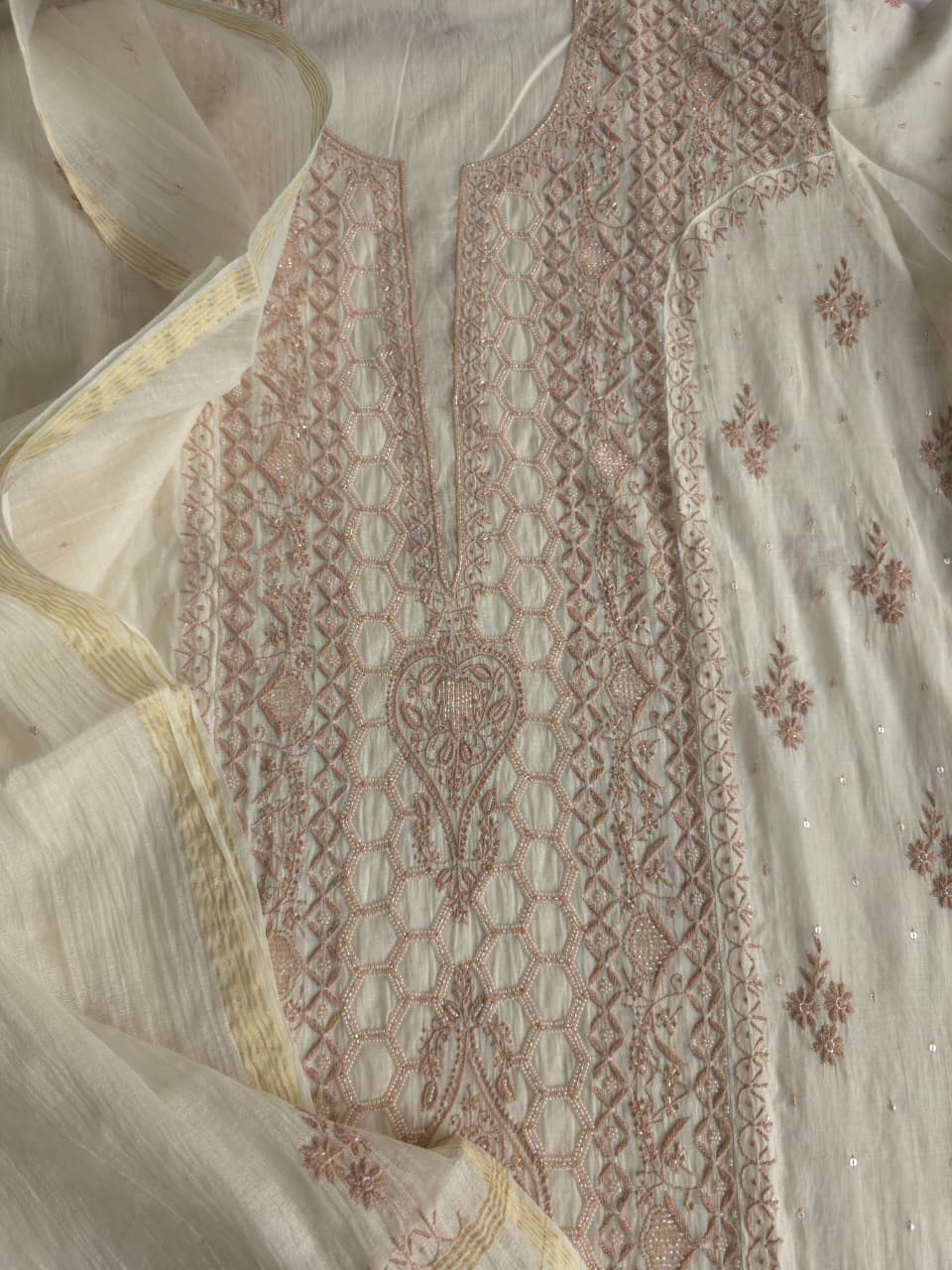 White base Semistitched kurta dupatta with fine hazelnut chikankari and heavy embellishments