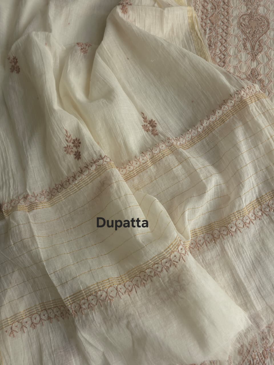 White base Semistitched kurta dupatta with fine hazelnut chikankari and heavy embellishments