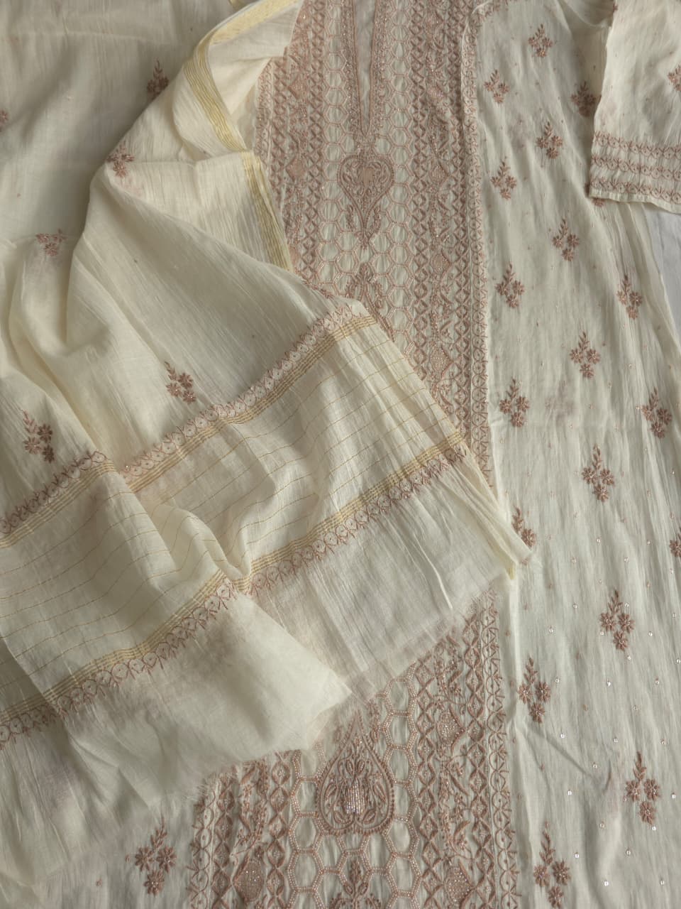White base Semistitched kurta dupatta with fine hazelnut chikankari and heavy embellishments