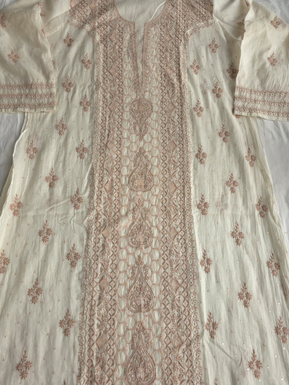 White base Semistitched kurta dupatta with fine hazelnut chikankari and heavy embellishments