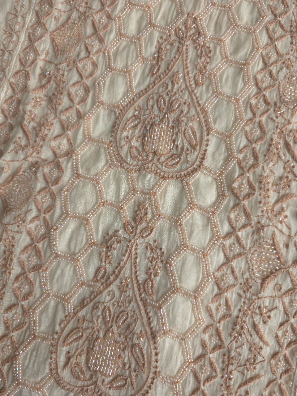 White base Semistitched kurta dupatta with fine hazelnut chikankari and heavy embellishments