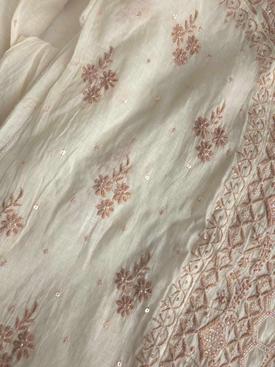 White base Semistitched kurta dupatta with fine hazelnut chikankari and heavy embellishments