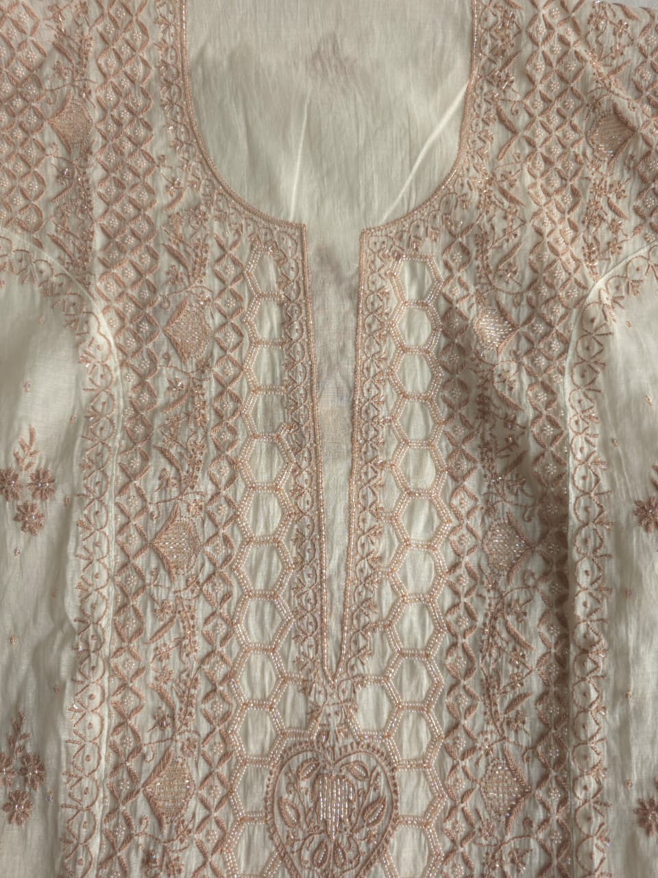 White base Semistitched kurta dupatta with fine hazelnut chikankari and heavy embellishments