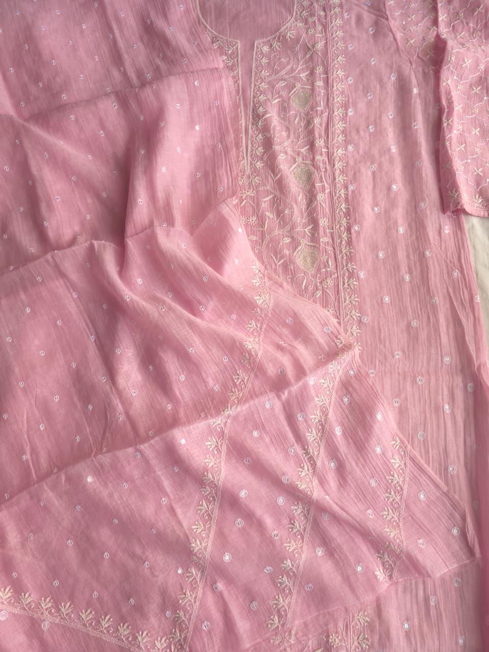 Candy Pink Mul Chanderi All over hand embroidered Kurta dupatta with embellishments
