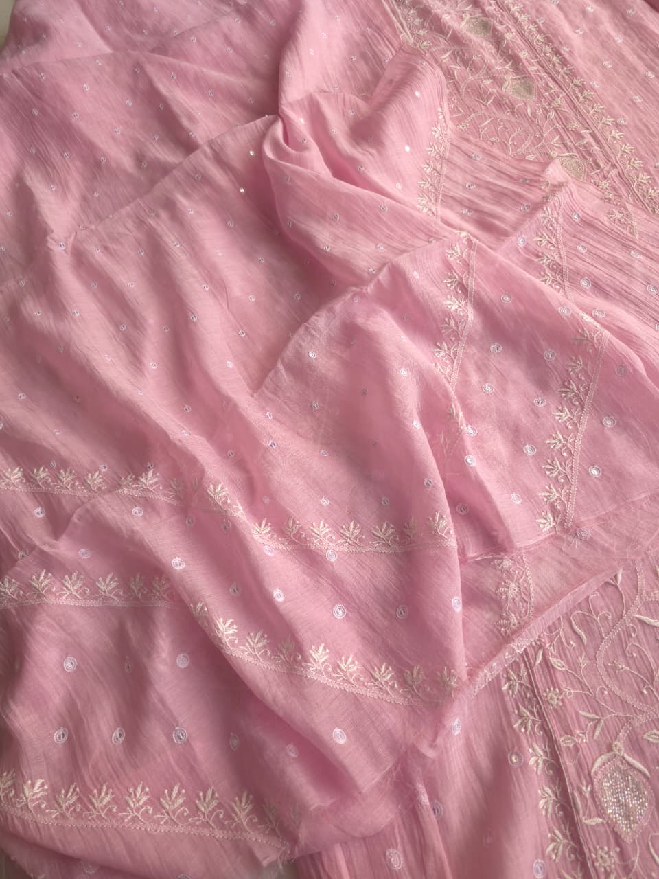 Candy Pink Mul Chanderi All over hand embroidered Kurta dupatta with embellishments