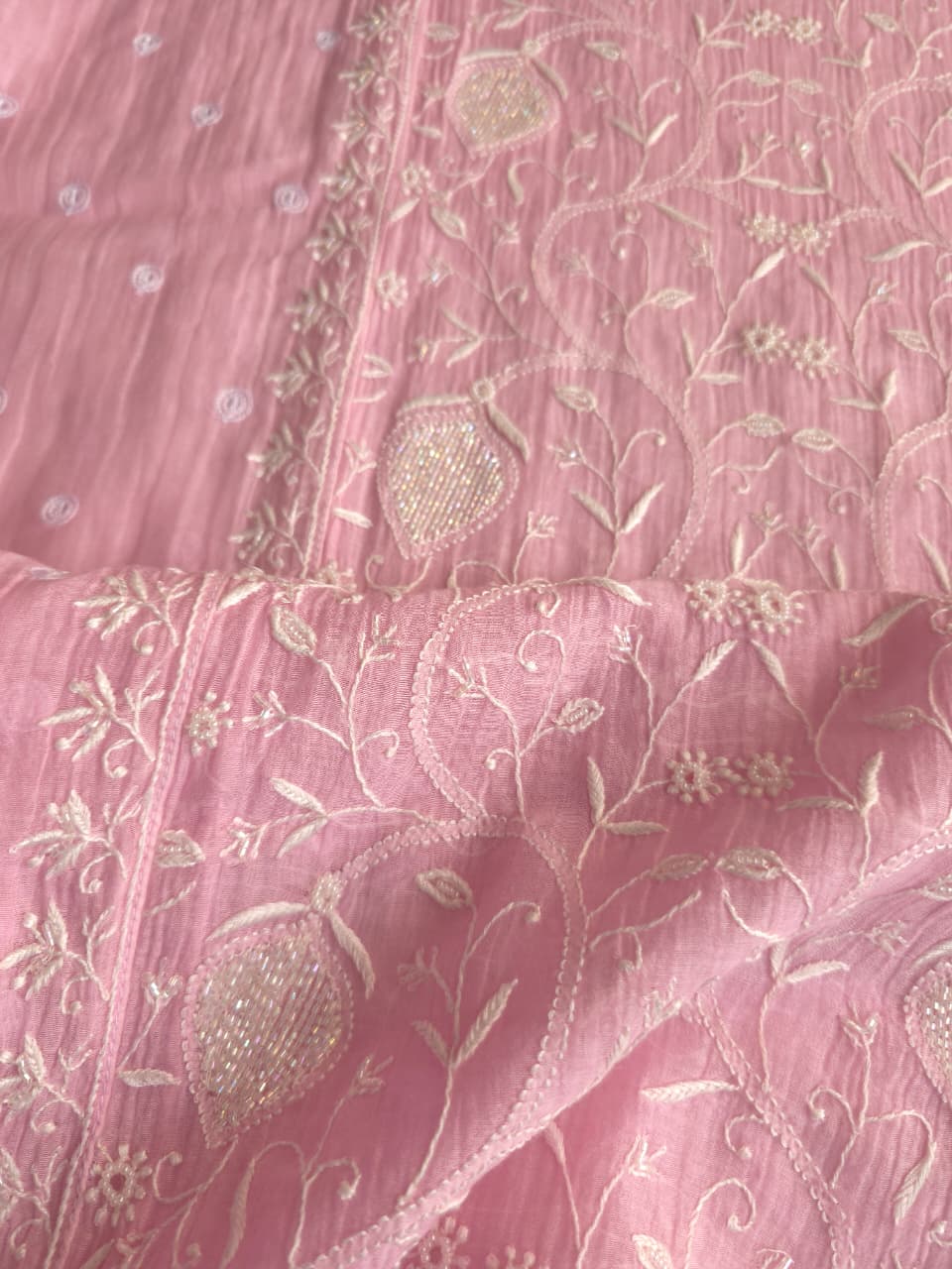 Candy Pink Mul Chanderi All over hand embroidered Kurta dupatta with embellishments